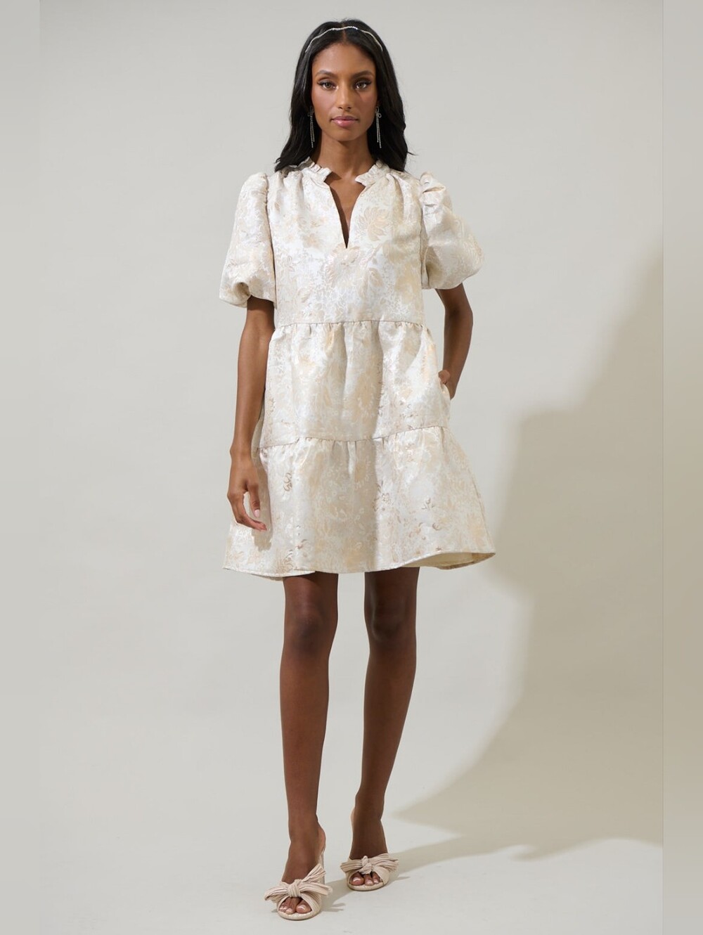NWT Sugarlips Lola Jacquard Babydoll Mini Dress Satin Champagne Beige Ivory L